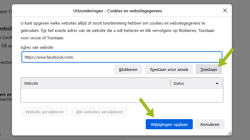 Firefox cookies uitzonderingen